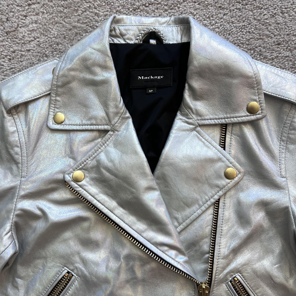 Mackage Moto Biker Jacket Silver Metallic Lambskin Leather Womens Small Zip - Picture 4 of 16